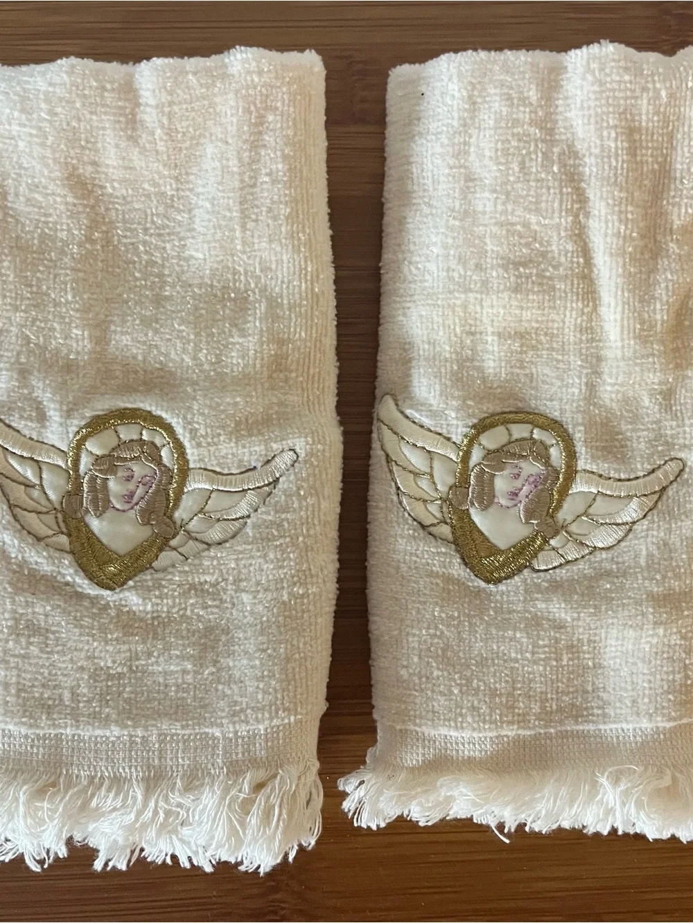 Embroidered Angel Wing Hand Towels - Cream with Gold Accent
